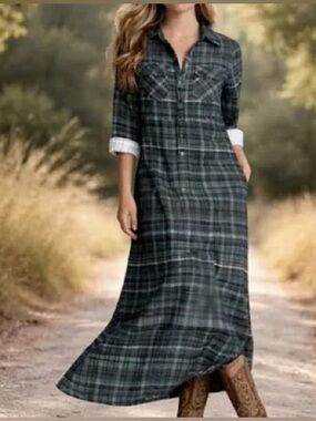 NWT Modesees Large Green Western Plaid Button-Front Maxi Shirt Dress
